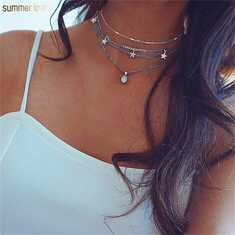 New Bohemian Fashion Silver Choker Five-pointed Opal Star Pendant Multi-Layer Stone Necklace Women Trend Party Jewelry