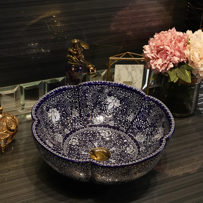 Porcelana antigua tallada a mano en forma de flor, lavabo de cerámica gris y negro para lavabo de baño, azul