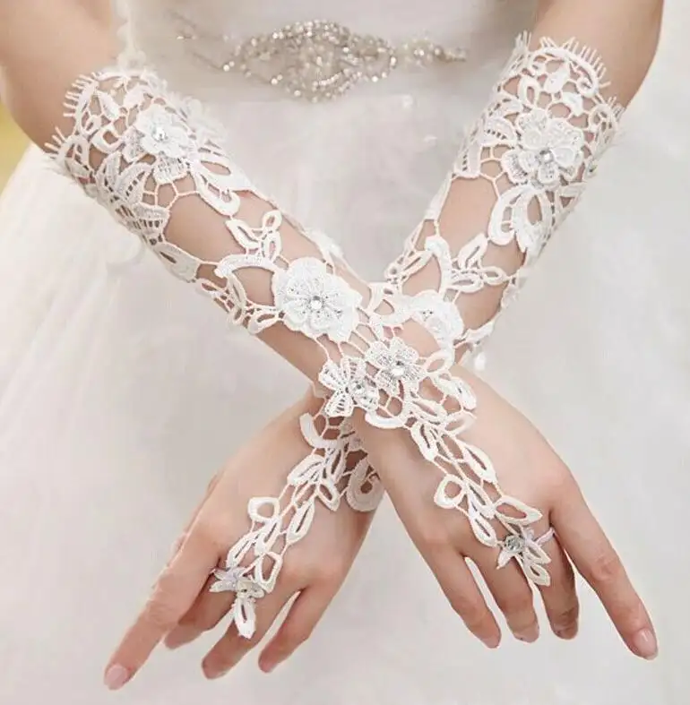 Queena Bianco Pizzo Floreale Vestito Da Sera Del Partito di Cerimonia Nuziale Della Sposa Guanti Senza Dita