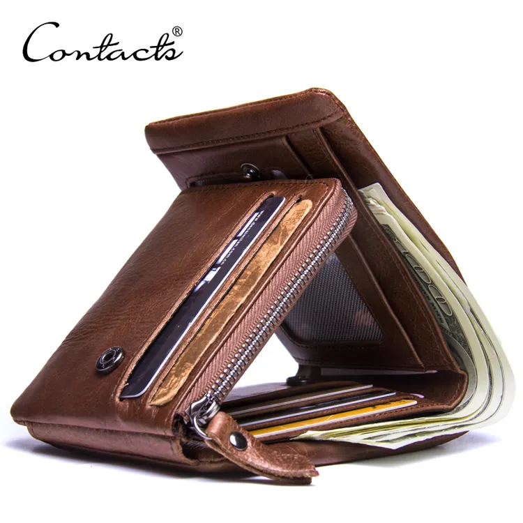 Coin Wallet Men Contact's Factory Wholesale Crazy Horse Leather Trifold RFID Blocking Zipper Pocket Genuine Leather Wallet Coin Card Men Purse
