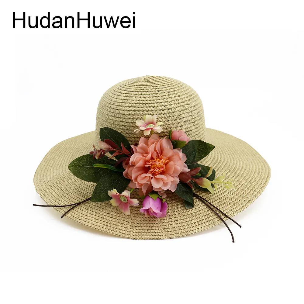 Chapéu de palha com aba larga, para mulheres, viagem, praia, verão, chapéu de palha, flor, chapéu de sol para mulheres, 2019