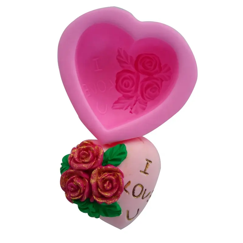 Molde de silicona con forma de corazón para decoración de tartas, tres rosas, para hornear, Fondant