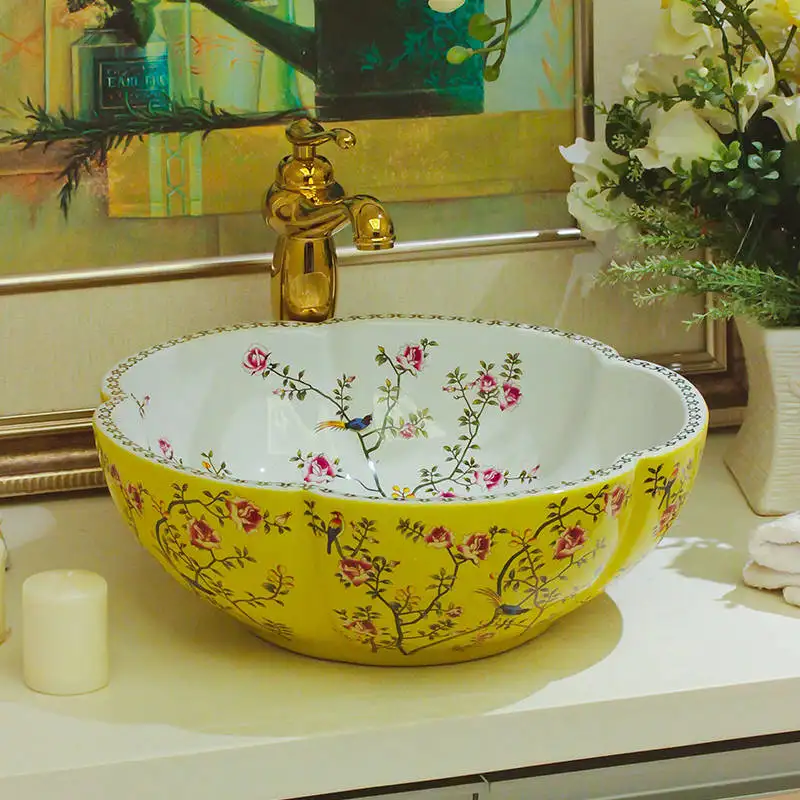 Cuencos de baño chinos para lavarse a mano, lavabo con forma de flor, lavabo de cerámica de flor amarilla y pájaro, jingdezhen