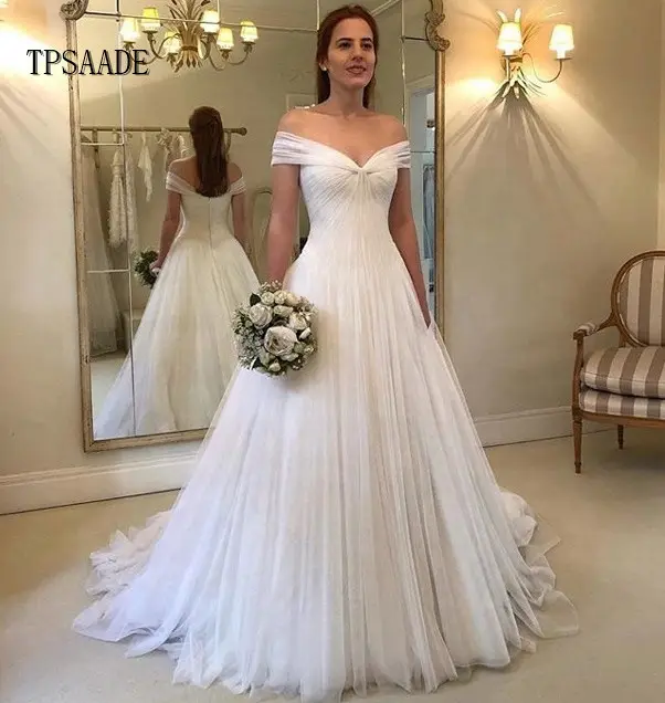 Bianco Della Principessa di Stile Fuori Dalla Spalla Della Piega Tulle Abito Da Sposa di Lunghezza Del Pavimento UNA Linea Abito Da Sposa Vestido de novia 2020