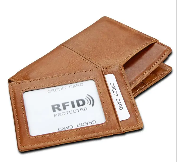 Excelente viagem dobrável protetor de cartão de crédito rfid, bloqueio de carteira de couro genuíno masculino, fabricante