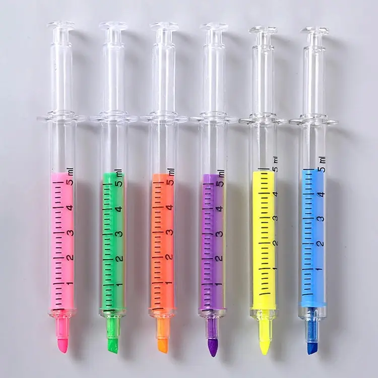 Bolígrafo de plástico Multicolor, marcador de inyección, pluma de resaltar de jeringa, venta al por mayor