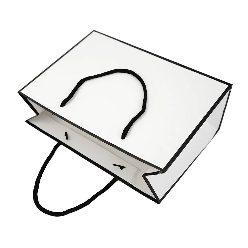 Custom logo fancy design plain black kraft paper bag with ribbon handle