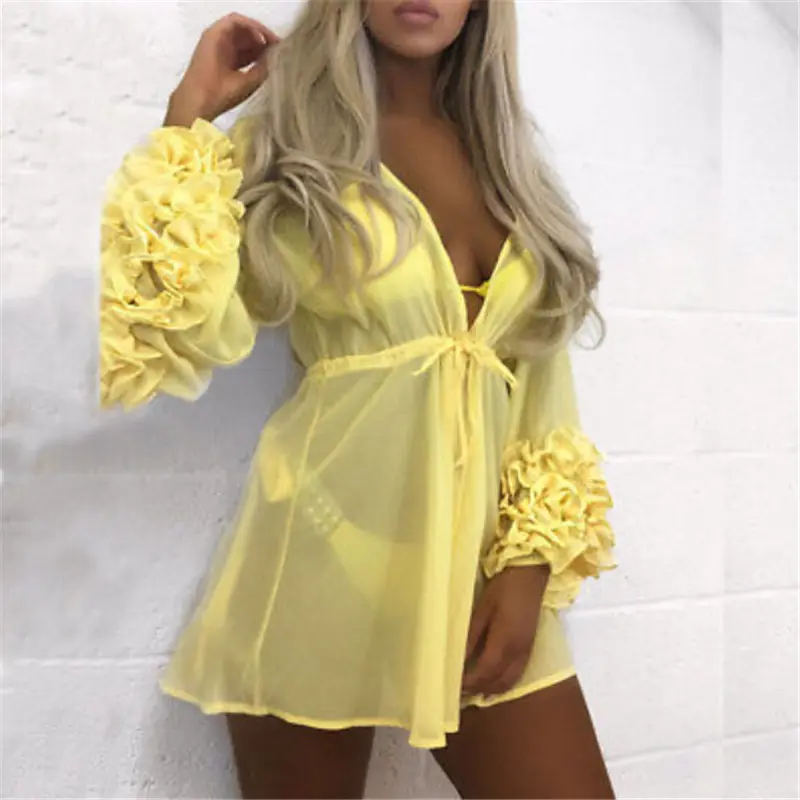 Nuove Donne Sexy Beach Cover-up A Maniche Lunghe Ruffles Tunica Costume Da Bagno Costumi Da Bagno Estate Della Maglia Del Vestito