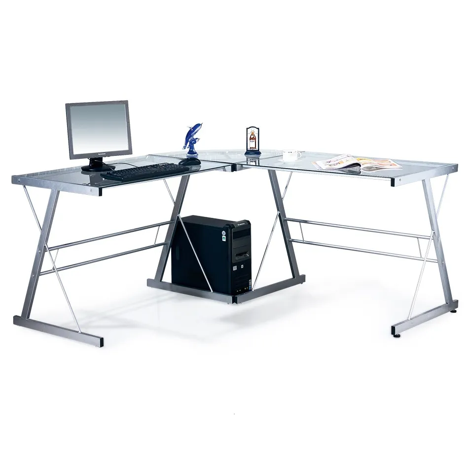 Personalizada de fábrica de diseño moderno Escritorio de oficina en forma de L de vidrio patas de metal mesa de computadora de escritorio