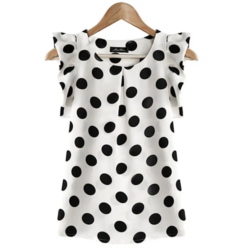 Blusa informal de chifón sin mangas con manga de volantes para verano, camisa de punto ondulado para mujer, color blanco y negro