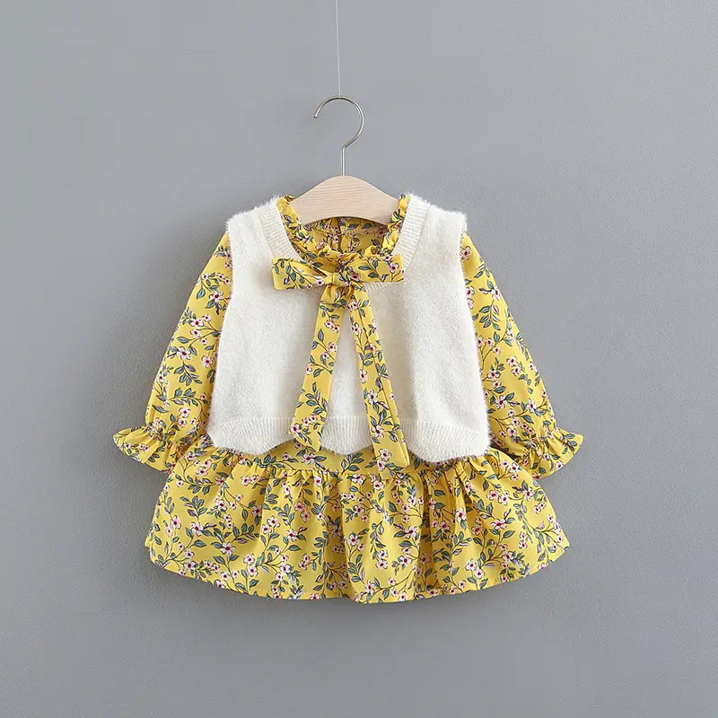 Ivy10210A-vestido floral de estilo coreano para niños y niñas, conjunto de ropa de Chaleco de punto