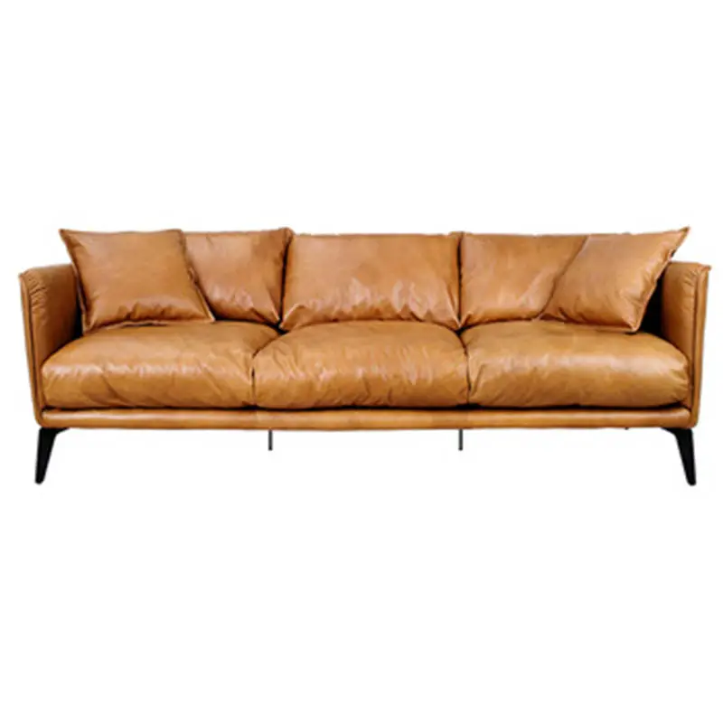 Moldura de madeira italiana, sofá clássico de couro legítimo marrom para sala de estar