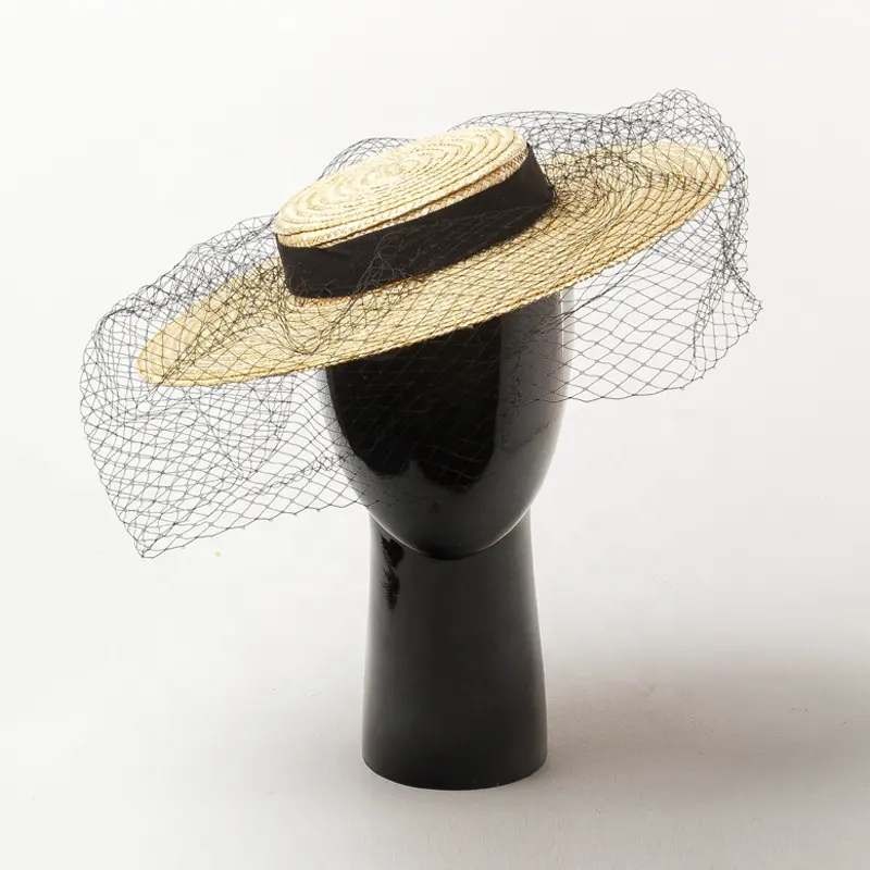 Trópico Vestido Topi Viagens Francês Desfile de Moda De Palha Mini Chapéu com Véu Líquido
