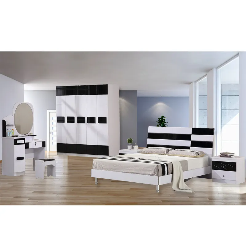 ZhiQu- white black color 1.5m modern design bedroom furniture set high gloss queen bed room set with wardrobe closet