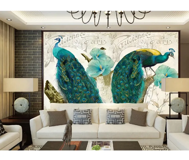 Papel tapiz de pavo real pintado a mano para sala de estar y comedor, murales de papel de pared retro de estilo clásico europeo