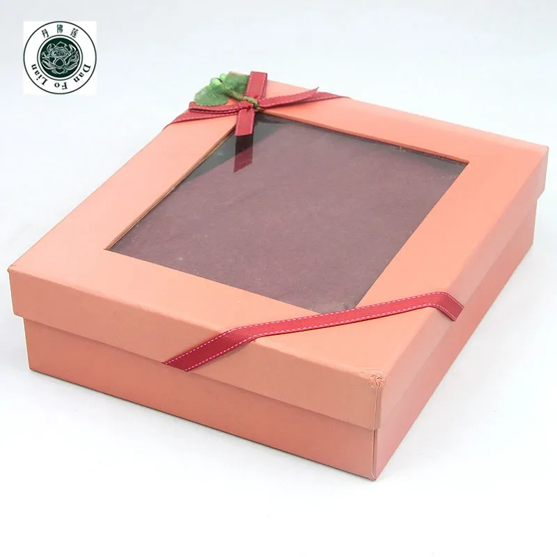 Caja de regalo para corbata de ropa, embalaje con tapa de lazo rojo y caja de papel base con ventana de PVC