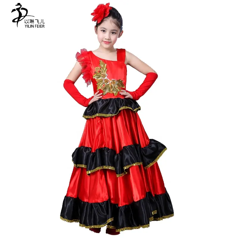 女の子のためのスペインのフラメンコダンススペインのセンライトフラメンコダンサーファンシードレスコスチュームキッズフラメンコスカート