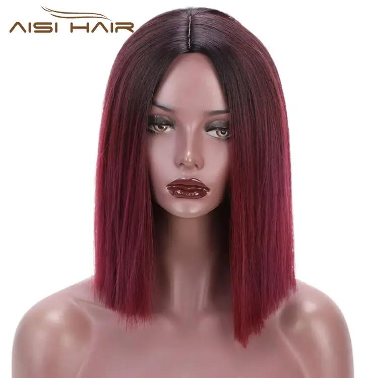 Aisi hair peruca sintética cabelo médio reto, bob ombré vinho vermelho seda reta bob para as mulheres cosplay