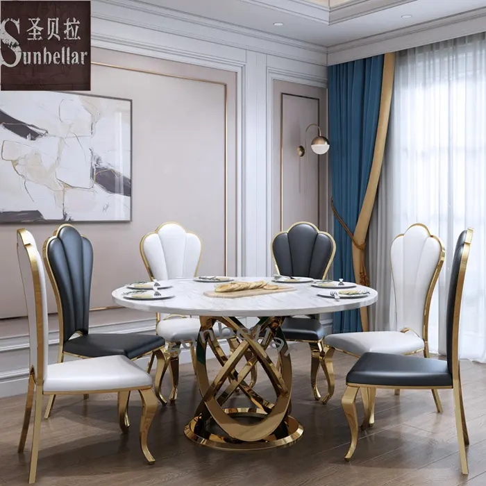 Foshan furniture tavolo da pranzo moderno di lusso set piano in marmo tavolo da pranzo rotondo in marmo in acciaio inossidabile dorato con 6 sedie