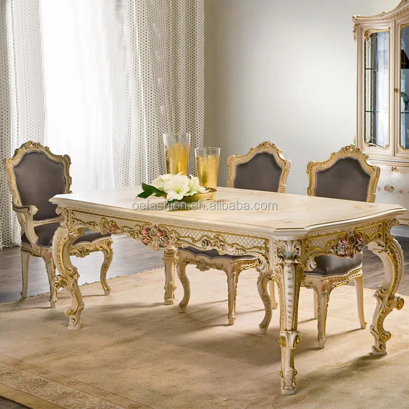 OE-FASHION European solid wood rectangular French dining table Painted gold dining table dining chair combination