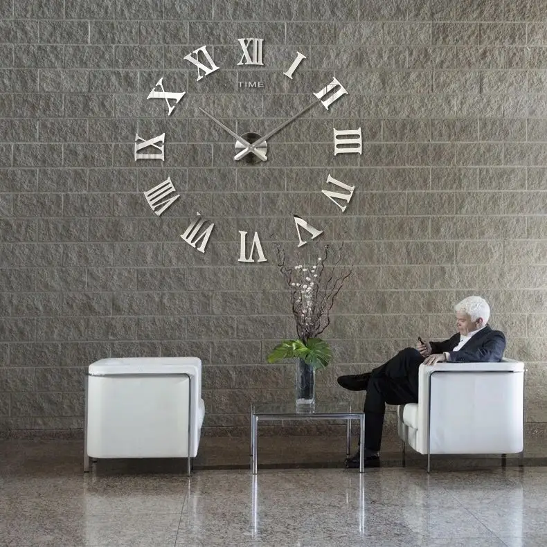 新しいデザインシルバーカラーミラーウォールDIY時計高級家の装飾3Dビッグウォールステッカー時計家の装飾ウォールステッカー