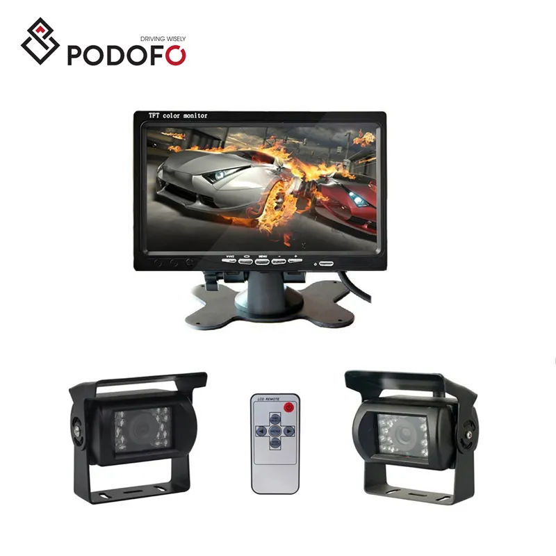 Podofo-cámara de marcha atrás para camión, autobús, RV, Kit de Monitor de visión trasera, 18 LED IR de visión nocturna, LCD Dual de 7 pulgadas