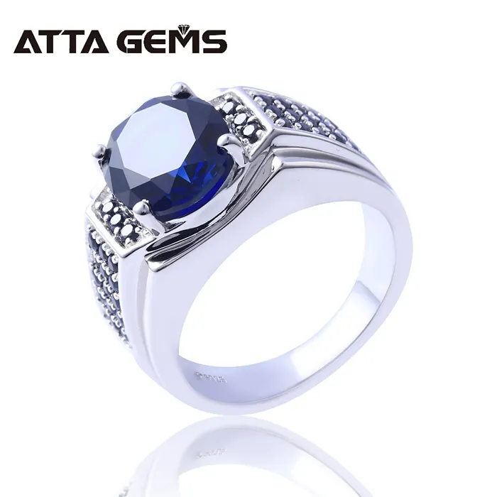 Creado azul de plata esterlina de zafiro boda anillo, anillo de los hombres, S925 diseño de negocios para los hombres regalo de joyería fina