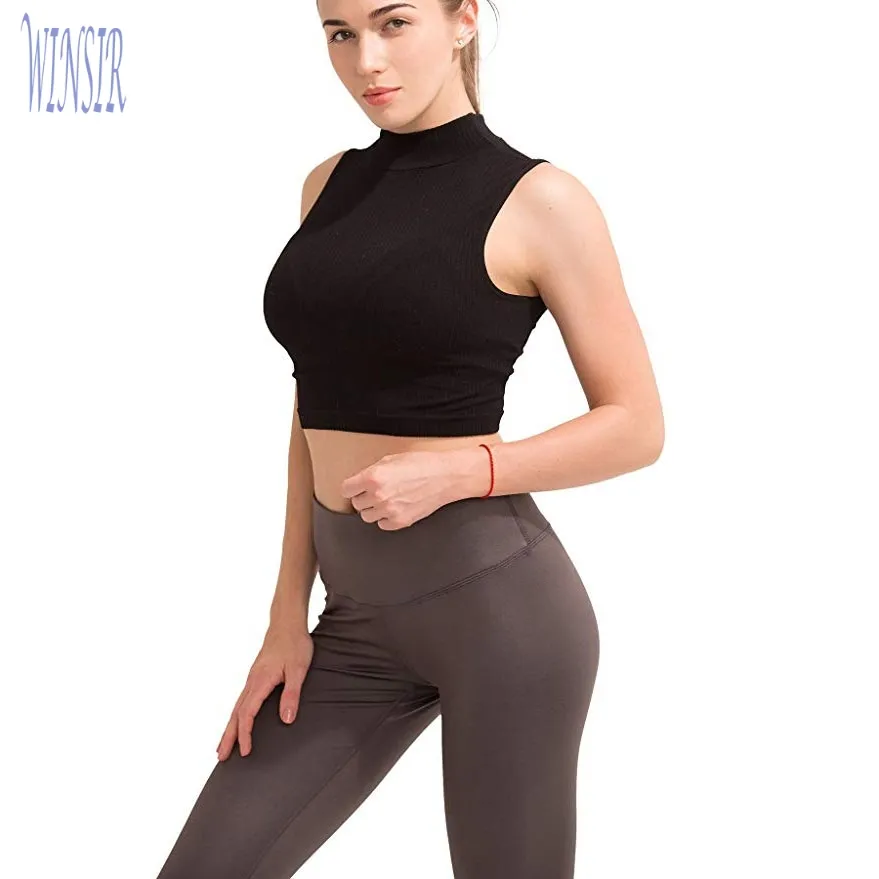 Camiseta Sexy personalizada para mujer, Top elástico de cuello alto de punto ajustado negro para gimnasio, Yoga activo, Fitness, ropa de entrenamiento, Tops cortos