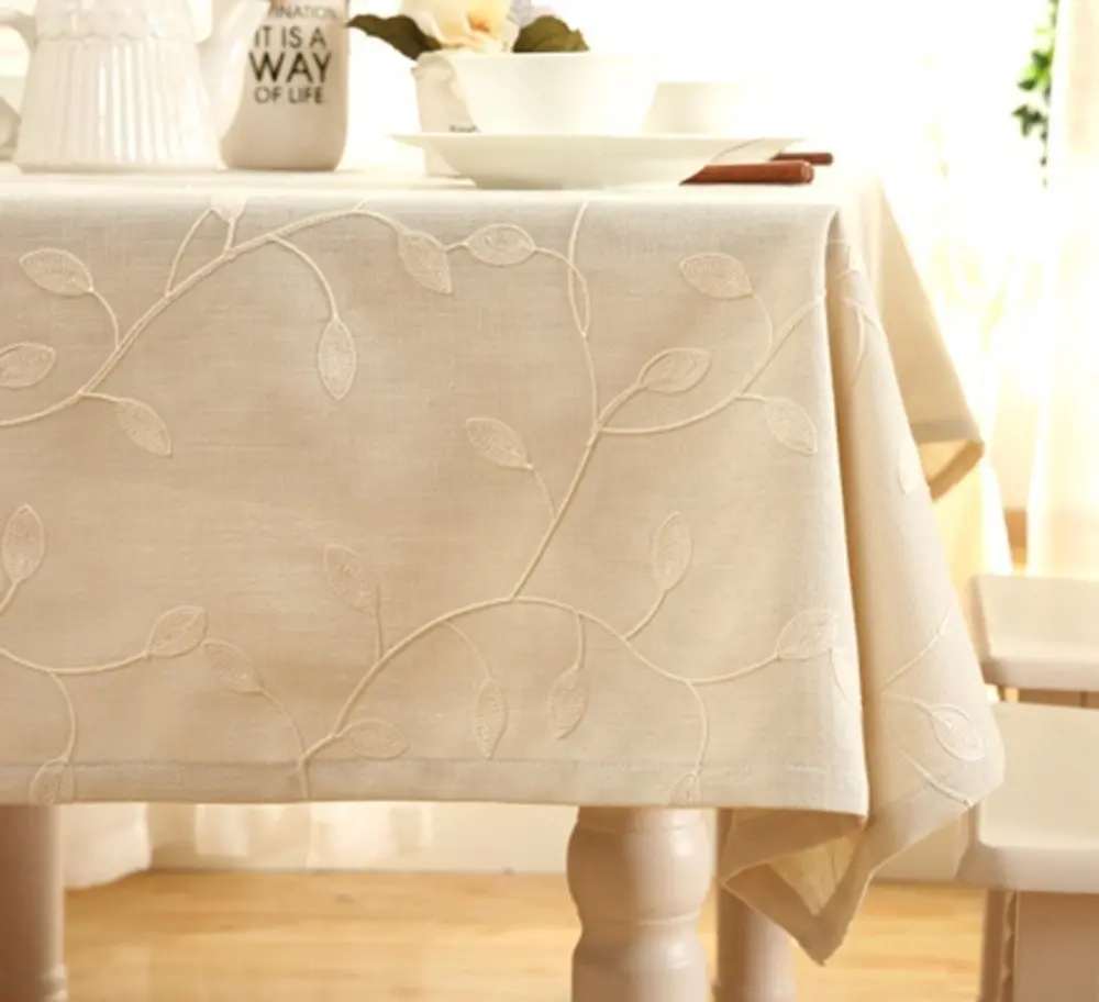 Nappes Rectangle Feuille Beige Coton Lin Brodé Lavable Imperméable Couverture de Table