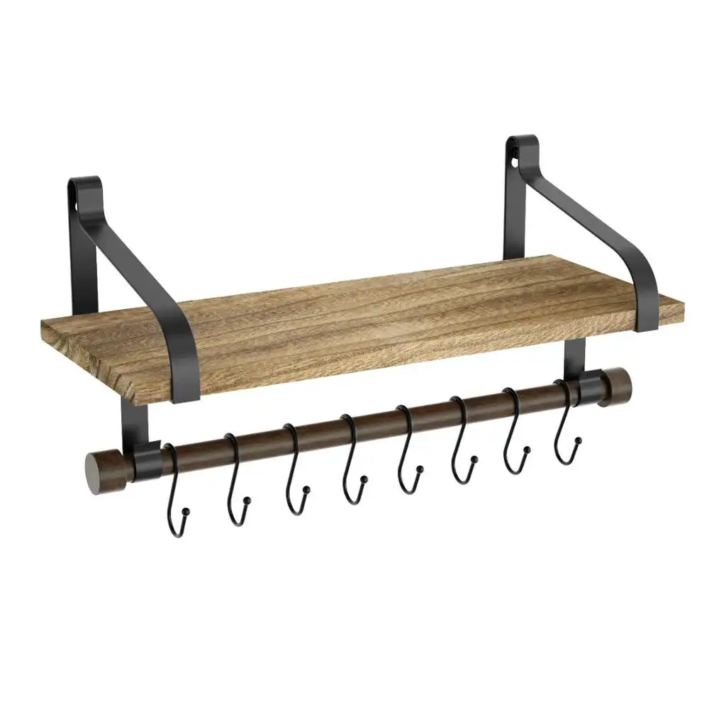 Madera rústica cocina especias Rack con barra de toalla y 8 ganchos desmontables de madera decorativo de pared estante flotante