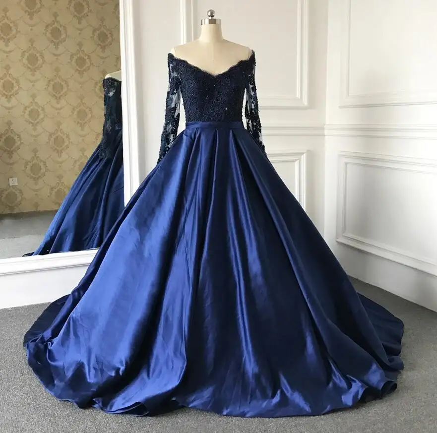 Горячая Распродажа, атласные свадебные платья Bolero Королевского синего цвета с длинным рукавом и помпоном