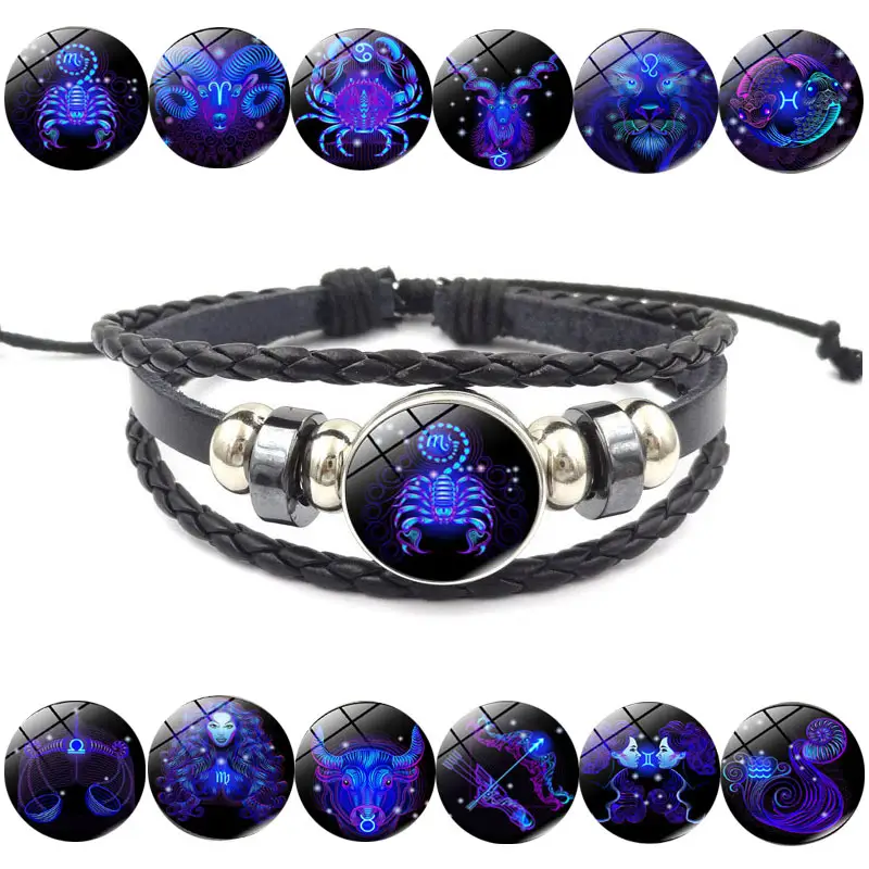 Pulseira masculina zodiac com 12 braceletes, pulseira de couro artesanal e charme zu017