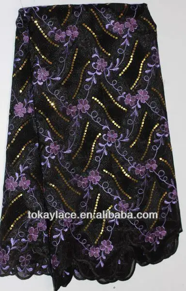 Rede têxtil africana preta/roxa de veludo, tecido de renda de veludo com lantejoulas 2013