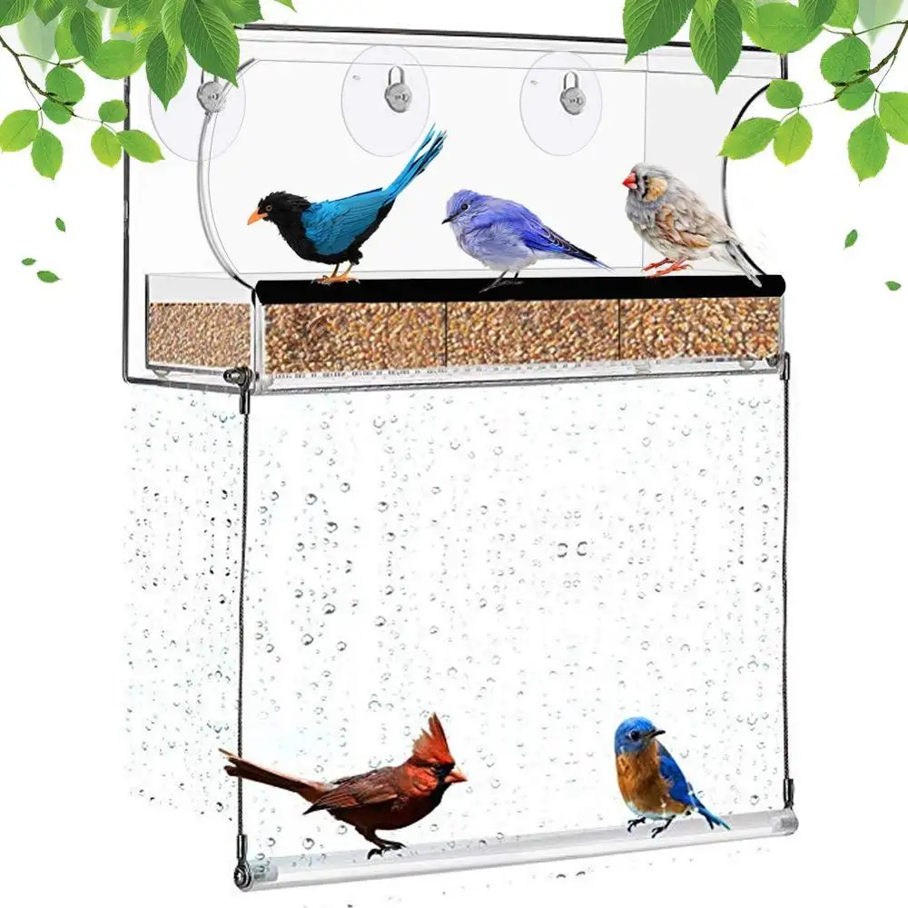 Ventana comedero para pájaros con columpio inferior ventosas fuertes y bandeja de semillas, columpio para pájaros al aire libre para gatos pájaros salvajes