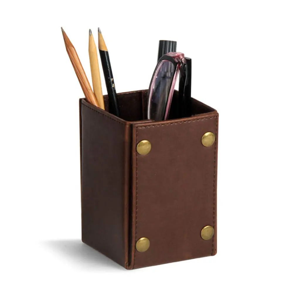 Настольный держатель для ручек, кожаный складной органайзер для карандашей с пользовательским логотипом, коричневый