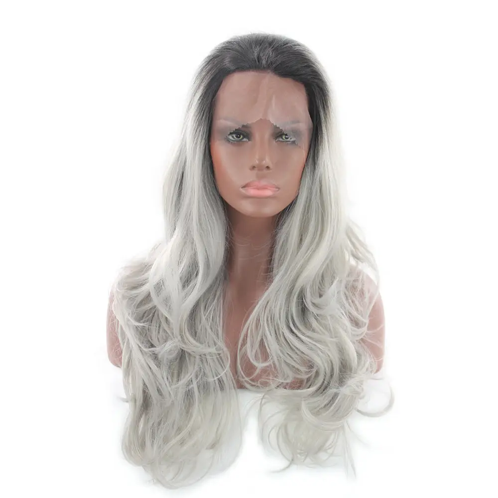 Peluca sintética con encaje frontal para mujer, pelo largo liso, Natural, plateado y gris, degradado, color gris, 2 tonos