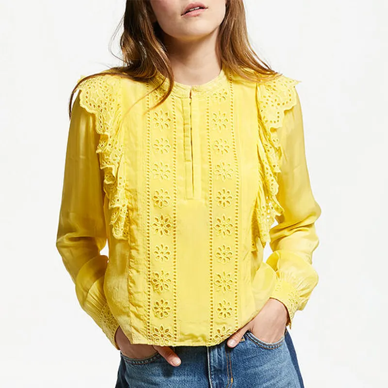 Blusa bordada manga longa feminina, nova estação, viscose, amarelo, bordado