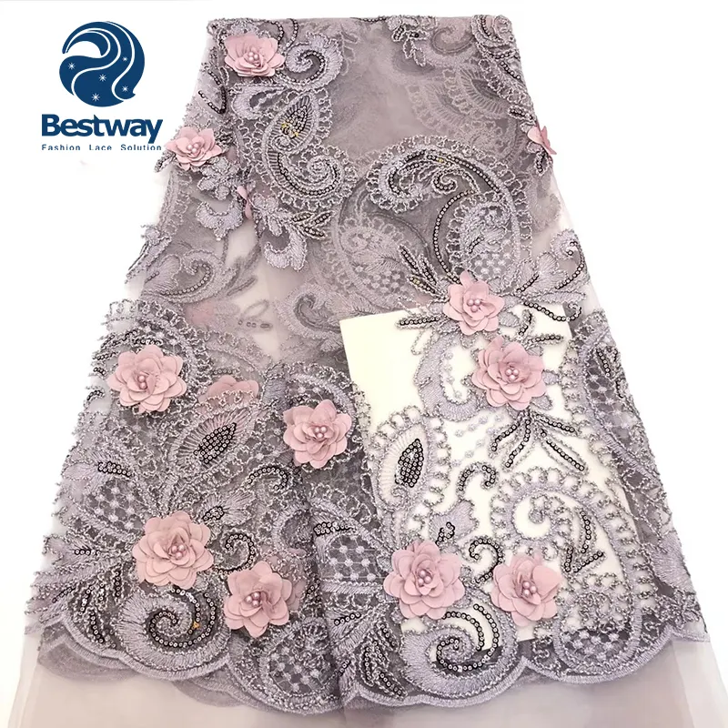 Bestway di Vendita Caldo Paillettes Tessuto di Pizzo Polvere Rosa 3D Tessuto di Pizzo Per I vestiti delle ragazze FL2553