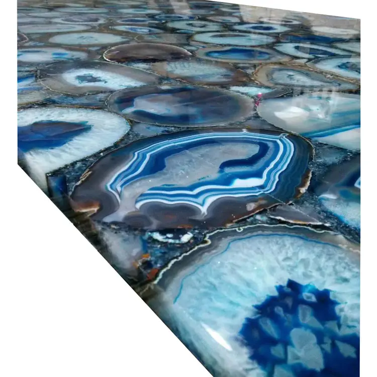 Belle décoration naturelle de luxe, dalles de pierre semi-précieuse polies, table en agate de marbre bleu