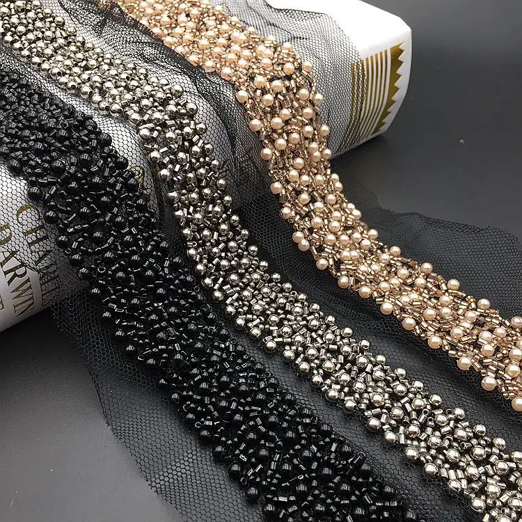 Garnitures de franges perlées de perles de dentelle colorées pour accessoires de robe tissu Organza OEM 100% collier de dentelle durable tricoté en polyester