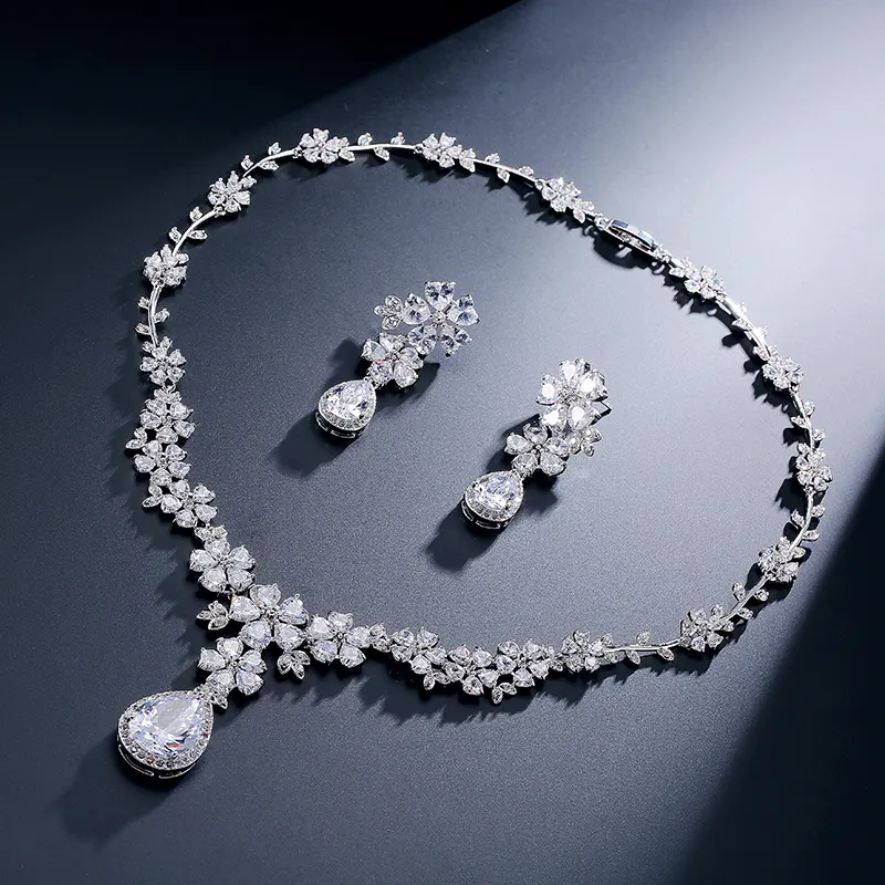 RAKOL SP133 Wedding Bride Protagonist Luxury Diamond Crystal CZ zircon Flower Necklace Jewelry Set