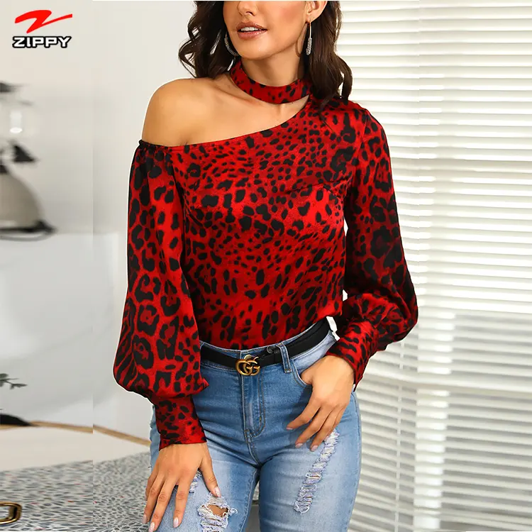 Blusa femenina de oficina con manga larga y hombros descubiertos, camisa Sexy con estampado de leopardo rojo para mujer, cuello Halter