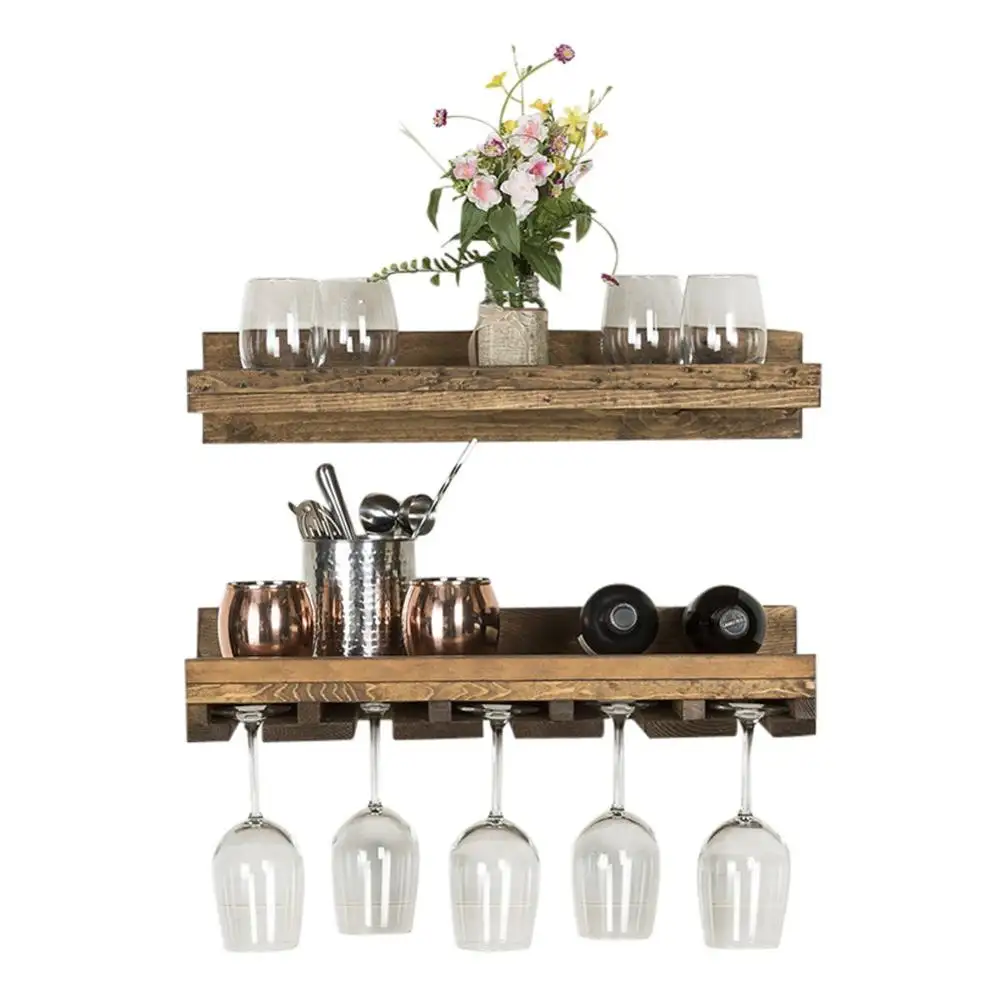 Designs Rustic Pine Wood Handmade Floating Wine Shelf with Glass Rack