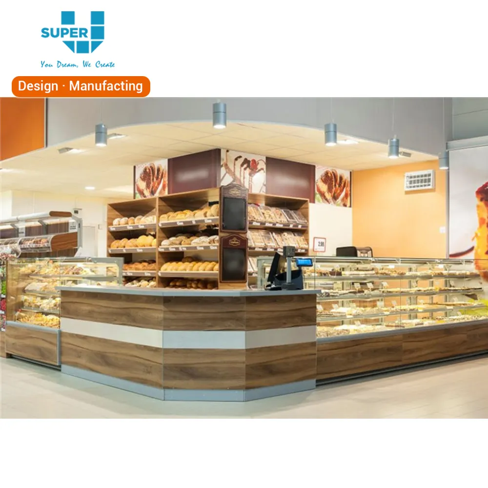 Espositore per pane idee per mobili da banco in legno di alta qualità moderno Super U Fashion personalizzato chiosco Stand panetteria