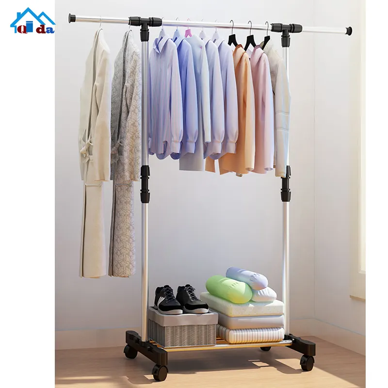 Metallo rack con ruote di vendita al dettaglio di visualizzazione abbigliamento rack rail per appendere gli abiti per la camera da letto