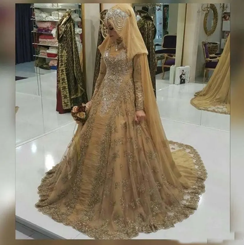 Dubai Ladies Long Sleeve Muslim Wedding Dress Golden