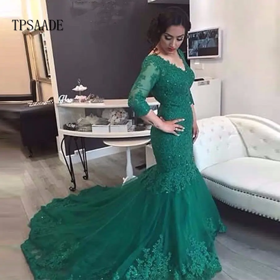 Green Appliques Beaded 3/4 Sleeve Slim Fit Mermaid Wedding Dress WF465