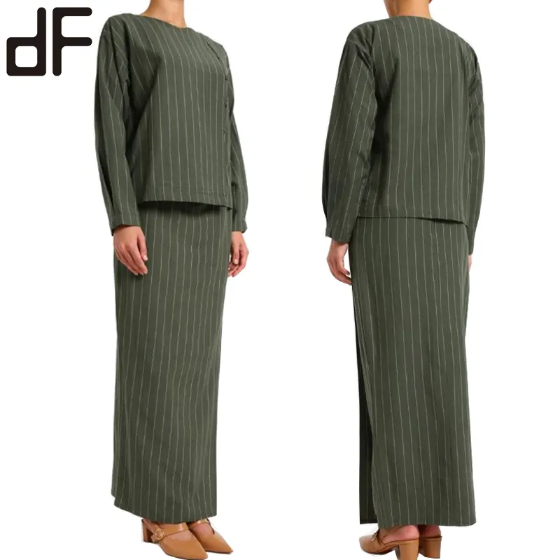 ODM abbigliamento islamico Kebaya abito elegante musulmano Set a righe verde oliva Baju Kurung cotone lino spalla spalla moderna Baju Kurung