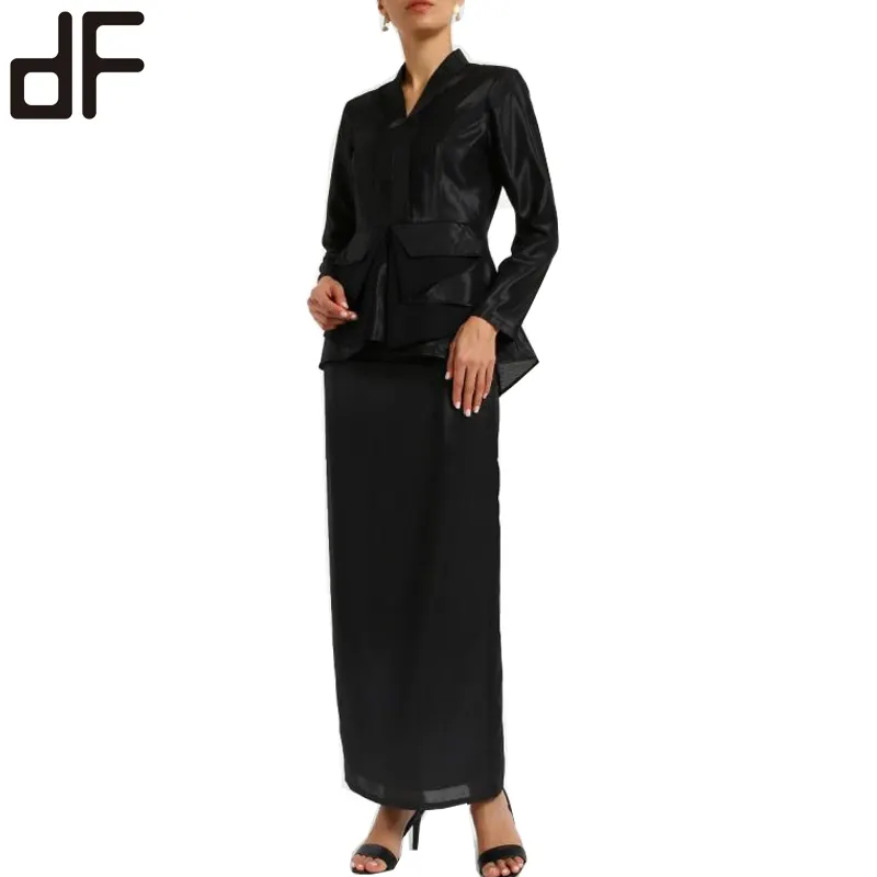OEM etnico donna abbigliamento nero malesia donna moderno vestito Kebaya abiti scollo a V Baju Design con volant gonna lunga Baju Kurung