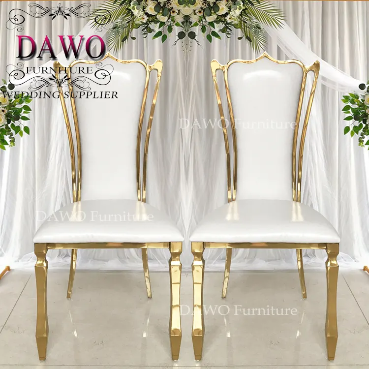 Silla de banquete de acero inoxidable dorada, precio bajo, con cuero blanco pu